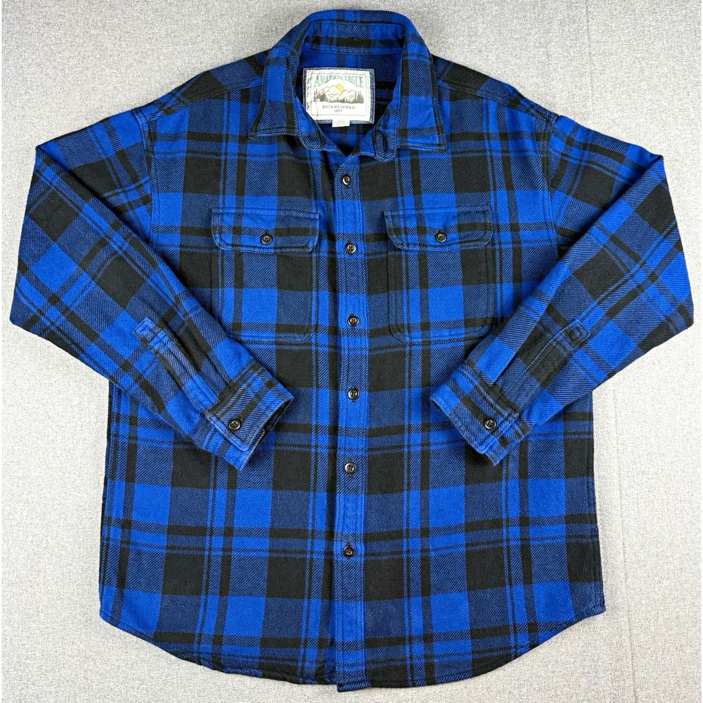 American Eagle Mens M Flannel Shirt Blue Black Plaid Cotton Button Up